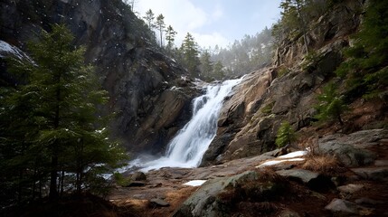 Majestic waterfall cascades down rugged rocky cliffs in a serene natural landscape