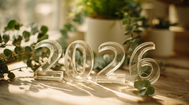 木漏れ日の当たるテーブルに置かれた2026年のガラス文字、植物のあるナチュラルな背景