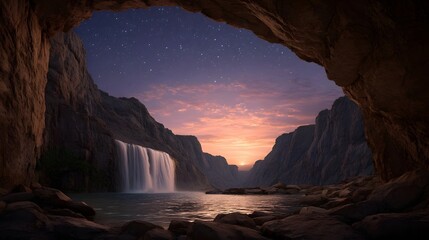 Obraz premium A majestic waterfall cascades into a serene pool within a rocky canyon under a twilight sky dotted with stars