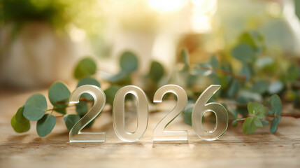 木漏れ日の当たるテーブルに置かれた2026年のガラス文字、植物のあるナチュラルな背景