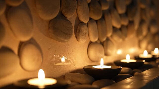 Candle flame meditation with smooth stone and warm light creating calm peaceful relaxation in cozy dimly lit space perfect for mindfulness and soothing atmosphere