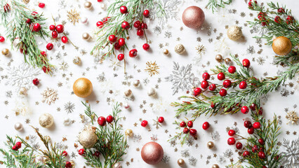 Festive winter holiday flat lay: evergreen branches, red berries, glittering gold and rose gold ornaments, and sparkling snowflake and star confetti on white.