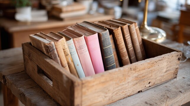Collection of vintage books displayed in a rustic wooden crate on a wooden table