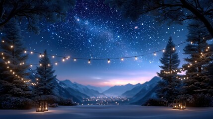 Naklejka premium Magical Winter Night with Festive Lights, Starry Sky, and Distant Mountain Village