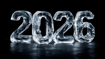 黒背景に浮かぶ氷の2026年、透明な氷の文字のクールな新年素材