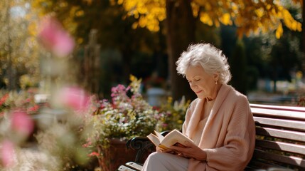 Elderly woman enjoys a sunny autumn afternoon reading a book in a park