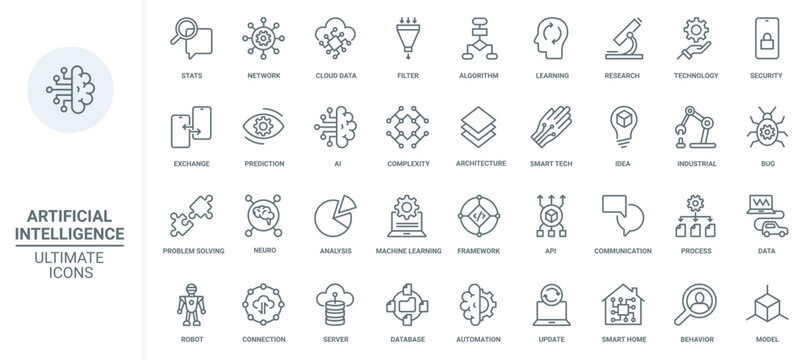 AI technology thin line icons set vector illustration. Abstract outline machine and artificial brain of robot learning, smart algorithms and automation, data cloud analytics and statistics analysis