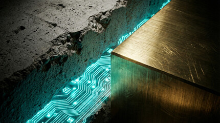 A piece of gold is shown with a green electronic circuit board underneath it