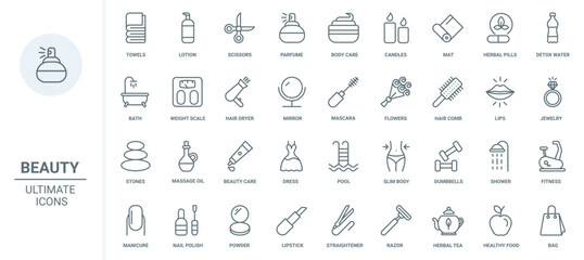 Beauty skin and hair care, makeup cosmetics and hygiene thin line icons set vector illustration. Outline oil massage for body relax in spa salon, herbal detox therapy and manicure, healthy fitness