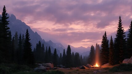 A serene mountain landscape with a glowing campfire under a dramatic purple and pink twilight sky