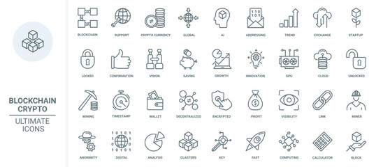 Cryptocurrency, blockchain thin line icons set vector illustration. Outline global digital crypto money trends, profit on fintech exchange analysis and bitcoin data mining, startup launch rocket
