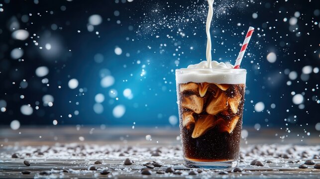 Pouring fresh cream into a glass of delicious iced coffee, complete with a striped straw and festive winter snowfall.