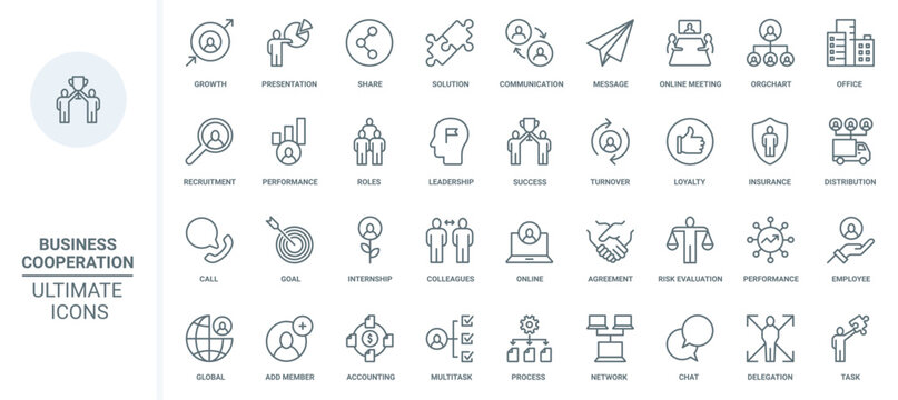 Business cooperation thin line icons set vector illustration. Outline growth of partnership in corporate team, loyalty in communication and teamwork of employees, success recruitment and leadership