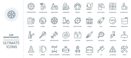 Maintenance and repair car service, auto shop thin line icons set vector illustration. Outline mechanic tools and equipment for automotive diagnostics in garage, tech machine parts and engine