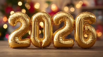 2026年の金色のアルミ風船、イルミネーションが輝く新年のパーティー背景