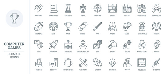 Computer games, gaming technology thin line icons set vector illustration. Outline digital race, fight and space simulator, shooter and RPG, strategy and education games for PC and mobile phone