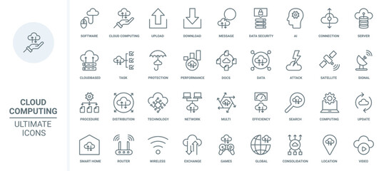 Cloud computing thin line icons set vector illustration. Outline server connection for download and upload of data files, update backup and software version, online security and signal efficiency