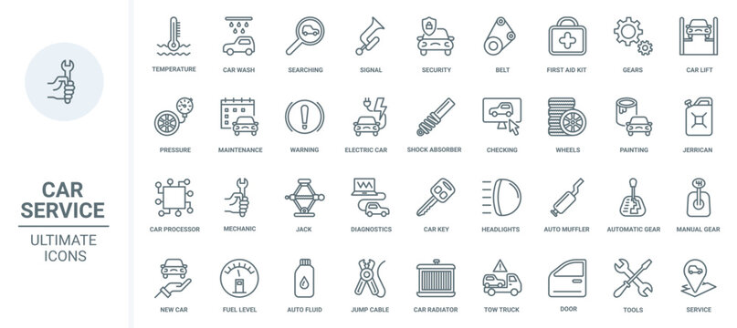 Fototapeta Car service thin line icons set vector illustration. Outline scheduled diagnostics of vehicle and auto repair tools, pictogram of automotive parts, automatic and manual transmission, wheel and tires