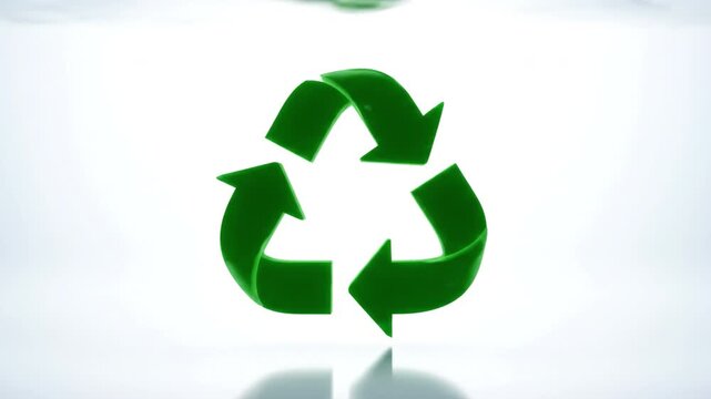 Green recycling symbol with three arrows forming triangle for environmental sustainability and waste reduction, water drop purity and freshness white surface reflecting nature ecology and green