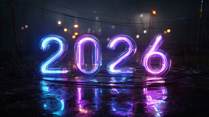 2026年のネオンサイン、濡れたアスファルトに反射するサイバーパンクな数字