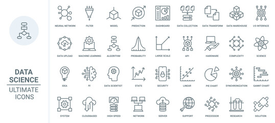 Data analysis, neural network innovation and science thin line icons set vector illustration. Abstract outline AI brain, machine learning technology for prediction, transformation and data storage