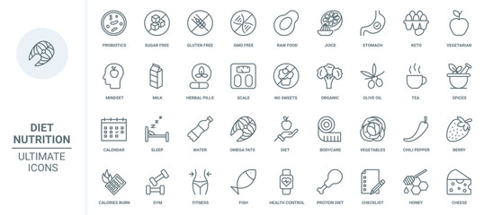 Nutrition diet thin line icons set vector illustration. Outline organic food and fitness, vegetarian lifestyle and mindset, measuring calories and balance of fat and proteins, health calendar