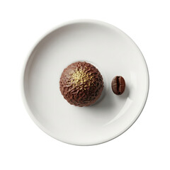 Photorealistic macro shot, 45-degree view, of artisanal dark chocolate truffle with gold flakes, roasted coffee bean on a white ceramic plate, transparent background. Gourmet luxury concept