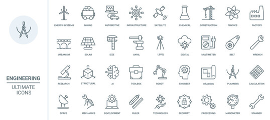 Engineering, industry and energy production thin line icons set vector illustration. Abstract outline engineers work, digital infrastructure and construction equipment, solar panel and turbine