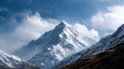 Fototapeta premium A majestic snow capped mountain peak rises dramatically against a blue sky with falling snow and swirling clouds showcasing a rugged winter landscape