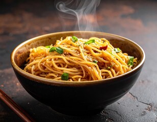 Shining noodles rest neatly in a warm bowl while soft steam rises and minimal surroundings highlight a fresh savory culinary moment