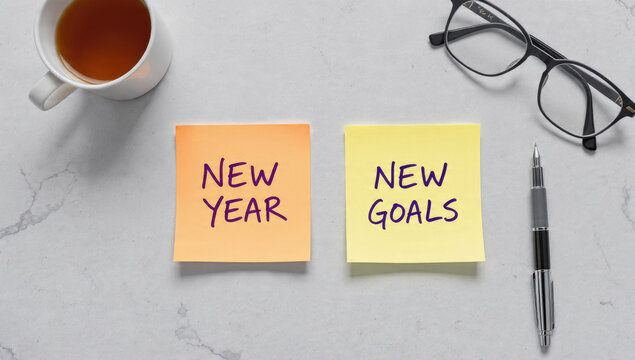 "New Year, New Goals" sticky notes, coffee, glasses, and a pen on a desk, signify planning resolutions and fresh beginnings.