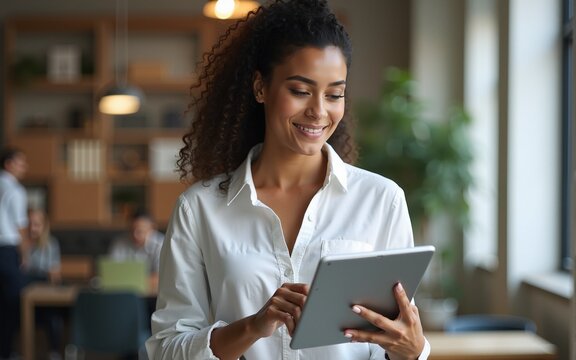 Charming brazilian female boss with tablet discussing sales strategy and planning in co-working open space. Connection, workplace, networking, concept.. High quality - Powered by Adobe