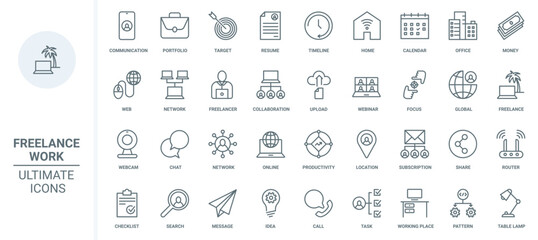 Freelance, work in home office thin line icons set vector illustration. Outline online communication and collaboration of freelancers with remote locations, productivity and portfolio of resume