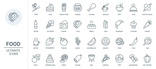 Food thin line icons set vector illustration. Outline restaurant or fast food cafe symbols, french fries and chicken, noodles taco and pizza, ice cream croissant and cupcake with coffee and juice