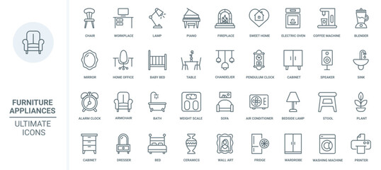 Home furniture, kitchen electric appliances, domestic equipment and modern household devices thin line icons set vector illustration. Outline coffee and washing machine, chair and table for workplace
