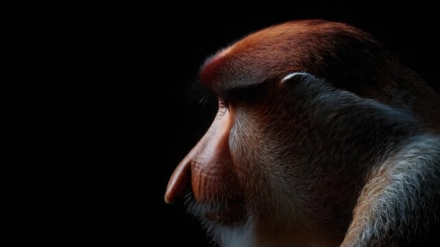 Close-up side profile of a monkey with a long nose against a black background.
