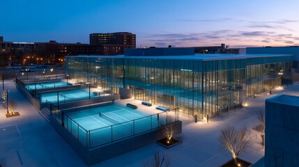 Naklejka premium Nighttime view of modern tennis courts at a sports complex in an urban setting