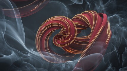 Abstract red and gold twisted shapes floating in a smoky ethereal atmosphere