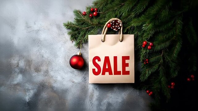 Holiday shopping season. Retail business promotion concept. A festive scene featuring a shopping bag with the word SALE prominently displayed. The bag is adorned with a pinecone and red berries.