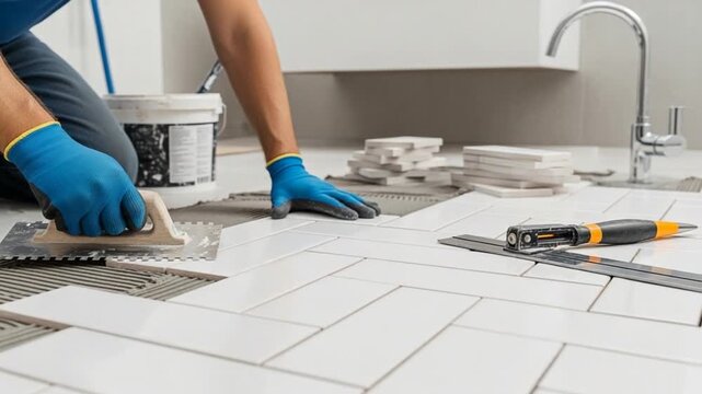 Construction worker installing white ceramic floor tiles in a herringbone pattern with adhesive and tools during home renovation project