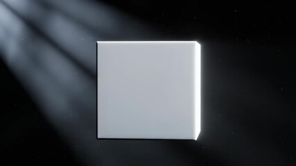 ﻿Minimalist abstract white cube slowly rotating and catching atmospheric, volumetric light beams in a vast, dark, infinite space technology, infinite, suspension