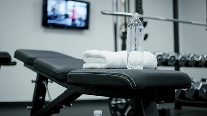Water bottle and towel on gym bench with dumbbell rack, fitness equipment in workout space, clean organized environment supporting healthy lifestyle and exercise routines