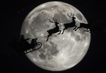 santa claus and reindeer silhouetted against a full moon on a starry night, christmas magic