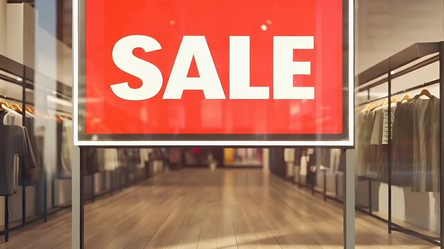 Holiday shopping season. Retail business promotion concept. 3D rendering of a modern storefront with a SALE sign on the glass door.