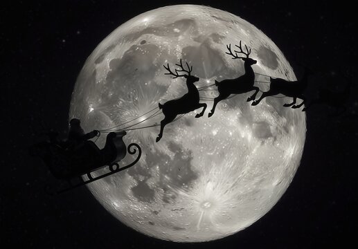 santa claus and reindeer silhouetted against a full moon on a starry night, christmas magic