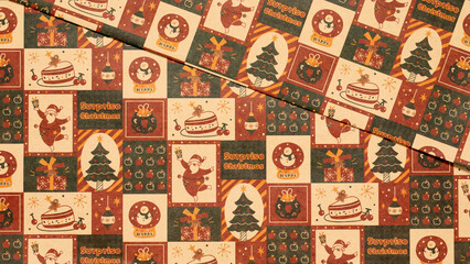 Obraz premium vintage christmas background with christmas tree and cake and Santa,seamless pattern of christmas tree and apple and snowflake on brow background,Christmas wrapping paper, Xmas pattern with ornaments.