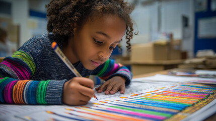Young girl coloring large drawing of pencils