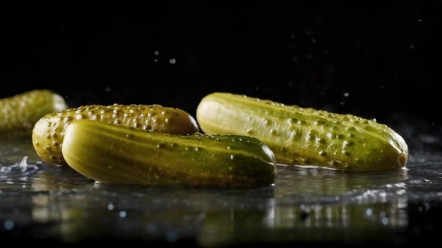 Two pickles on a reflective wet surface with splashing water against a dark background.