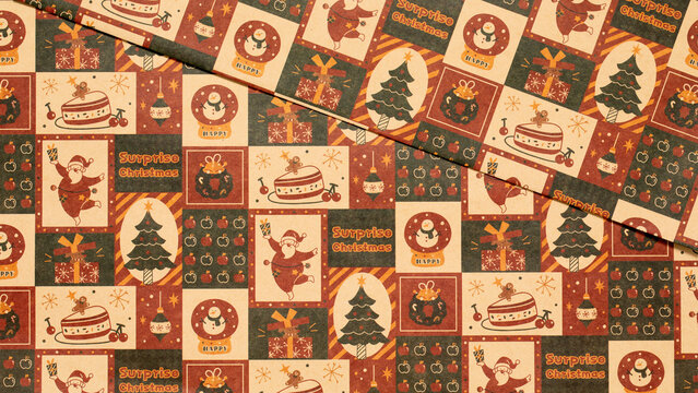 vintage christmas background with christmas tree and cake and Santa,seamless pattern of christmas tree and apple and snowflake on brow background,Christmas wrapping paper, Xmas pattern with ornaments.
