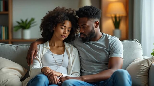 Beautiful interracial couple sitting in silence on living room sofa, stress and anger visible in expression, undercurrent of disagreement at home signifies relationship troubles.